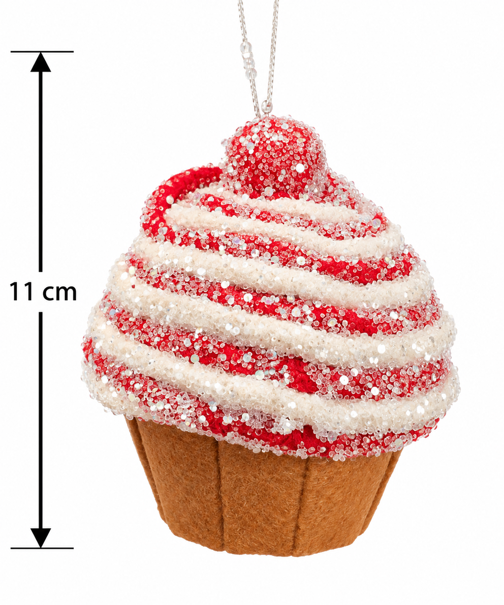 Red and white glitter cupcake Christmas ornament with beaded silver hanger, shown with an 11cm height measurement