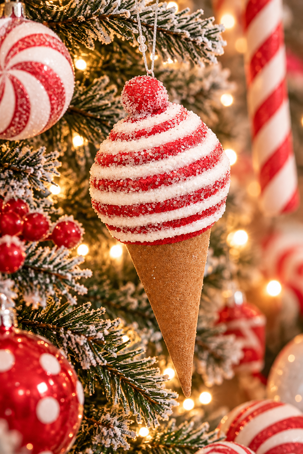 Red and white swirl ice cream cone ornament with sparkly icing and a red cherry hanging on a snowy Christmas tree among candy cane decorations and fairy lights