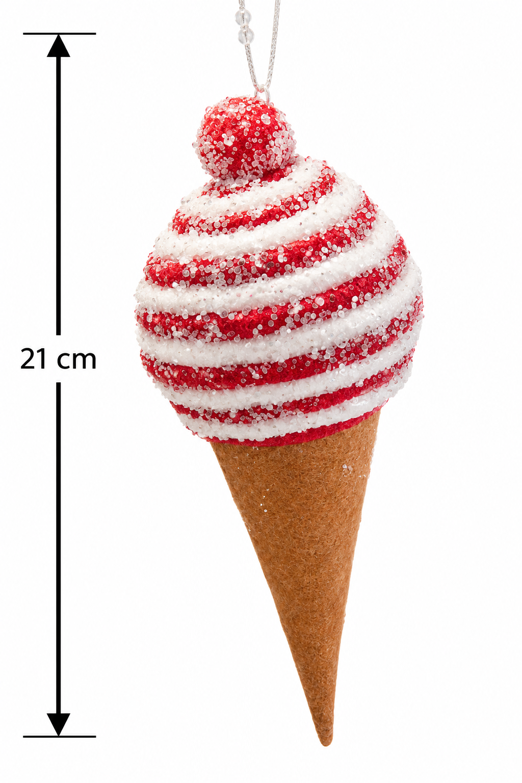 Red and white candy swirl ice cream cone Christmas ornament with beaded silver hanger, shown with a 21cm height measurement