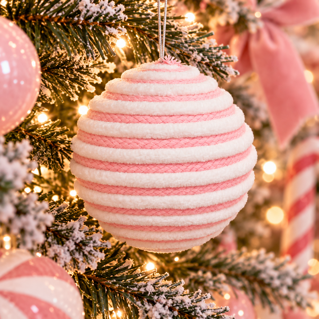 Pink and white striped wrapped cord bauble with soft chenille texture hanging on a snowy Christmas tree among pink baubles and fairy lights