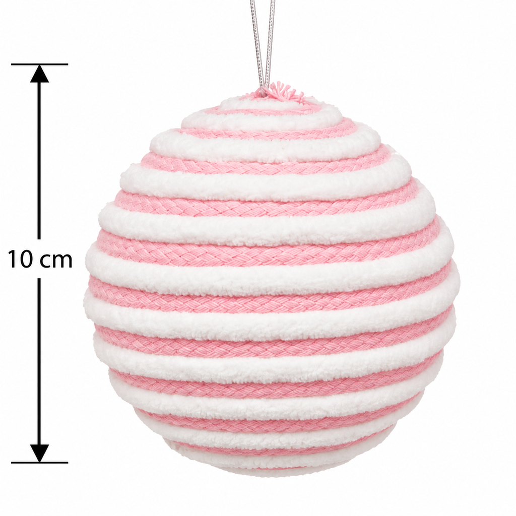 Pink and white candy stripe fabric cord Christmas bauble with silver hanger, shown with a 10cm size measurement