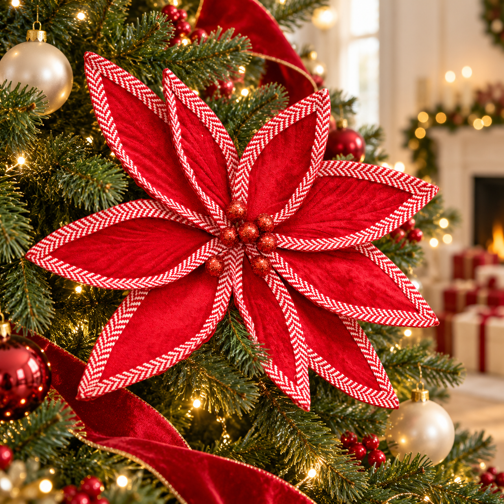 Red velvet poinsettia with red and white herringbone trim and glitter berry centre on a Christmas tree with warm fairy lights, baubles and red velvet ribbon