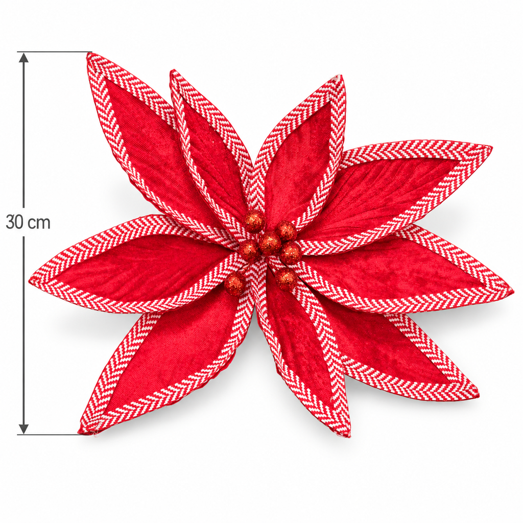 Red velvet Christmas poinsettia with candy stripe trim and red glitter berries, shown with a 30cm size measurement