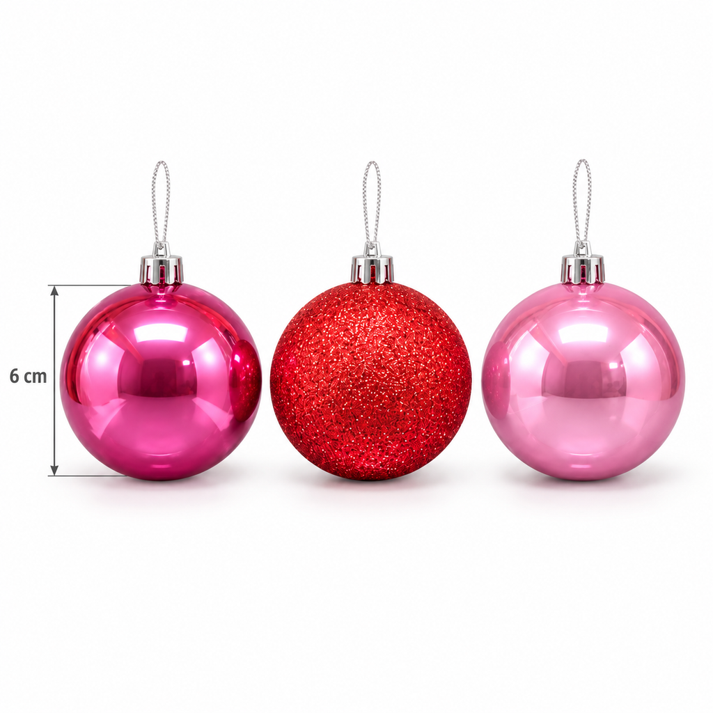 Three 6cm Christmas baubles in hot pink gloss, pink glitter and light pink gloss with silver caps and cord hangers, shown with a size measurement