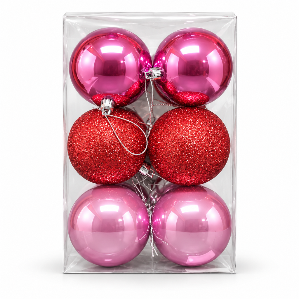 Pack of 12 pink Christmas baubles in clear packaging, with hot pink, pink glitter and light pink baubles