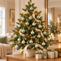 Small decorated Christmas tree in a white pot with mint green mini baubles, cream ribbon and fairy lights on a wooden table beside wrapped gifts
