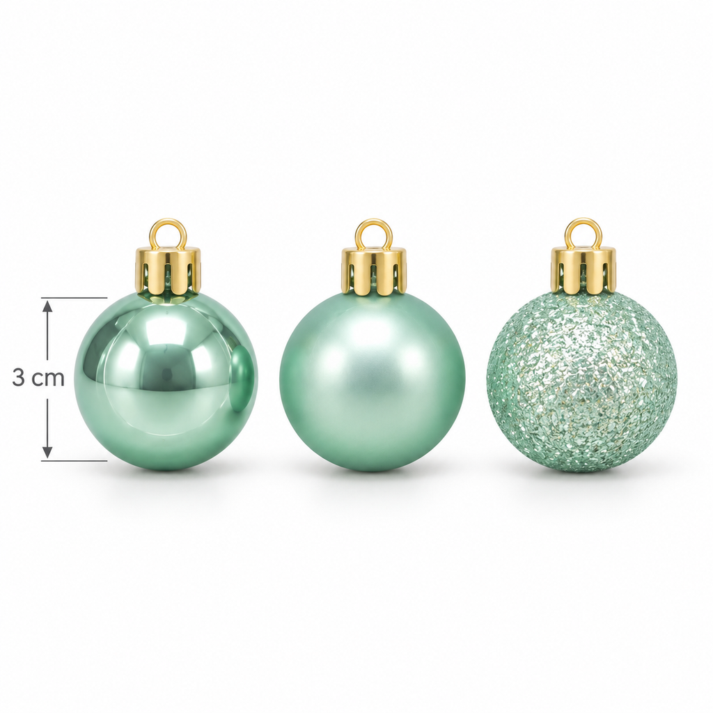 Three 3cm mint green mini baubles in gloss, matte and glitter finishes with gold caps, shown with a size measurement