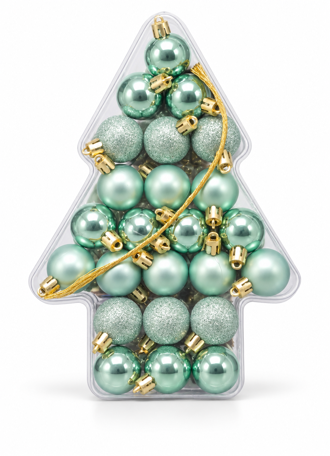 Pack of 24 mint green mini Christmas baubles in a clear tree-shaped box with gold caps and gold hanging wire
