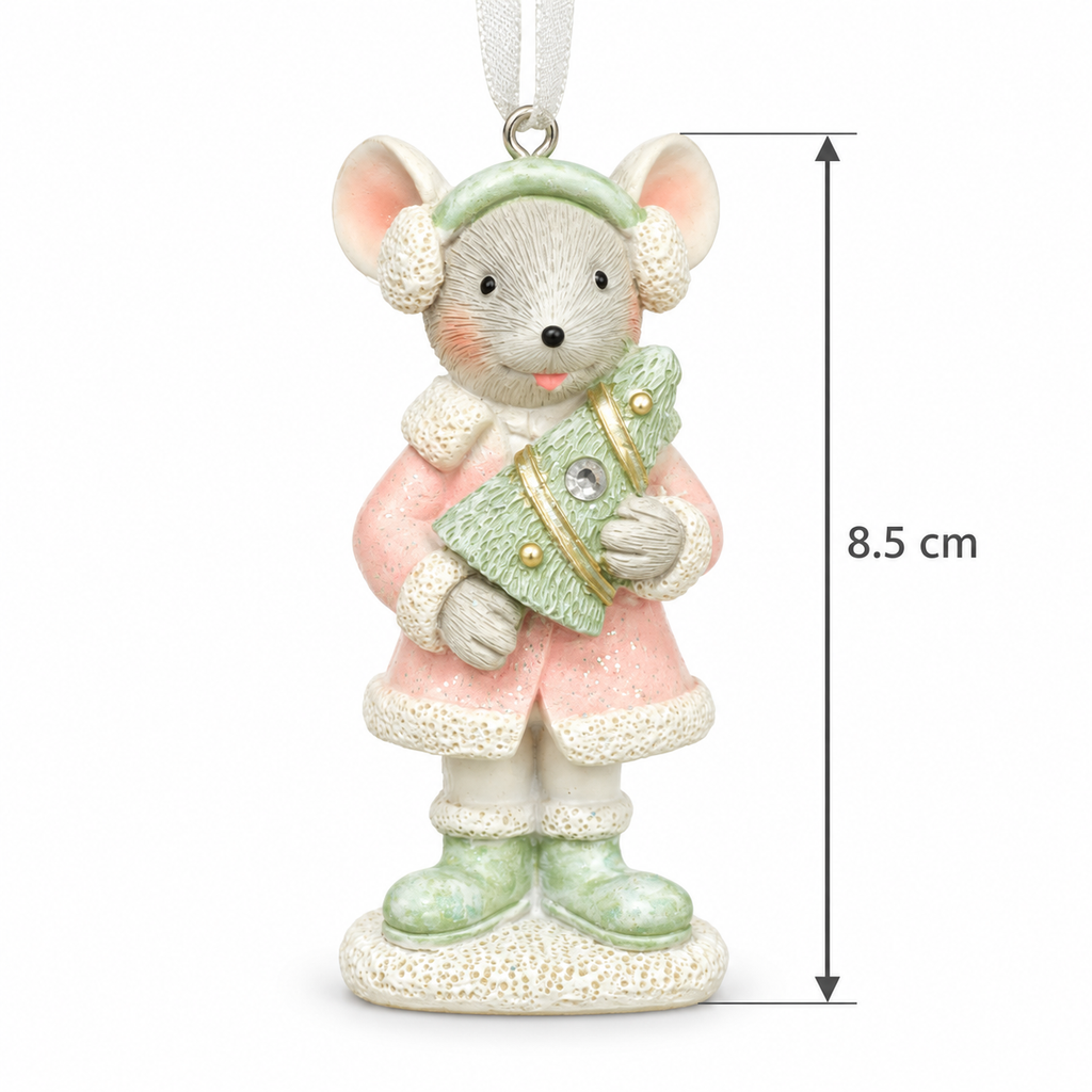 Mouse Christmas ornament in a pink glitter coat with cream trim and mint boots holding a green tree, with silver ribbon hanger, shown with an 8.5cm height measurement
