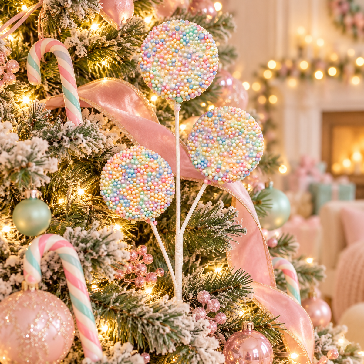Pastel rainbow sprinkle lollipop stem with three bead-covered discs tucked into a flocked Christmas tree with candy canes, pink ribbon and fairy lights