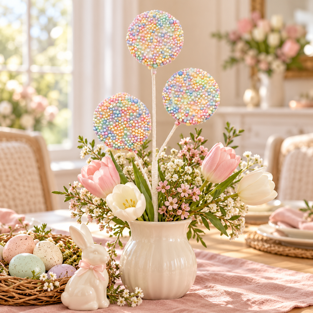 Pastel sprinkle lollipop stem in a cream vase with pink and white tulips on an Easter table with speckled eggs and a ceramic bunny