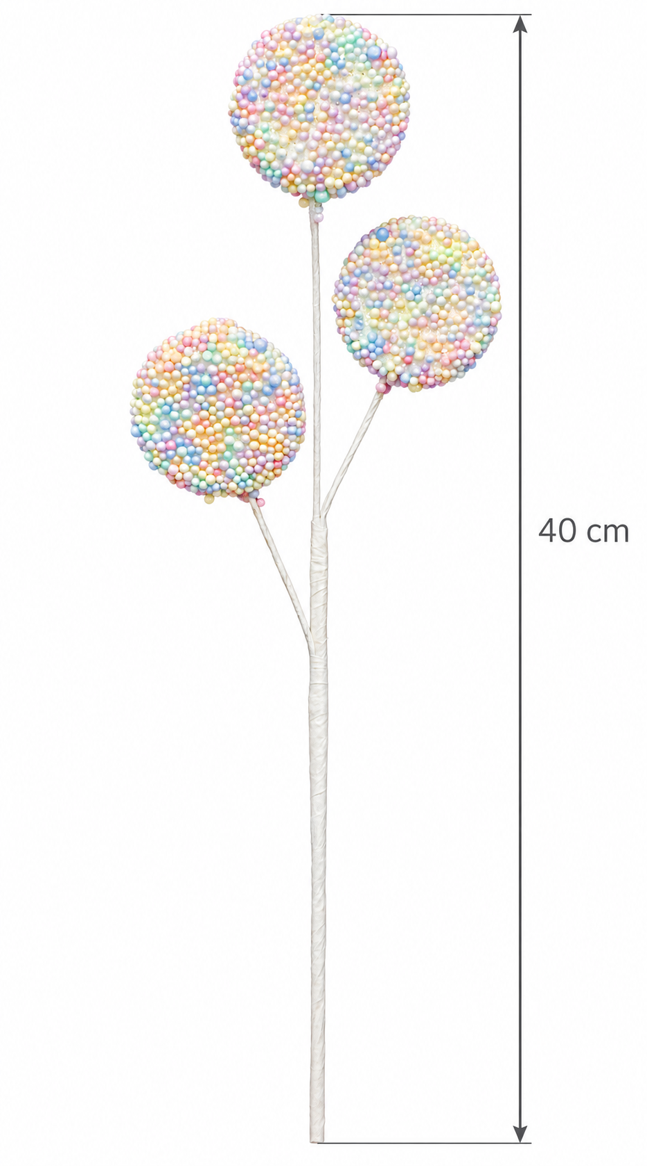 Pastel rainbow sprinkle lollipop stem with three discs on a white wrapped stem, shown with a 40cm height measurement