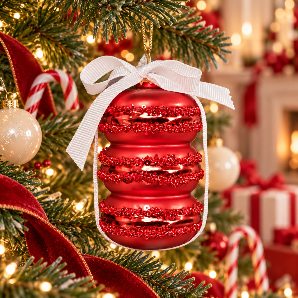 Red glass macaron stack ornament with beaded sequin trim and a white ribbon bow hanging on a Christmas tree with candy canes, red velvet ribbon and fairy lights