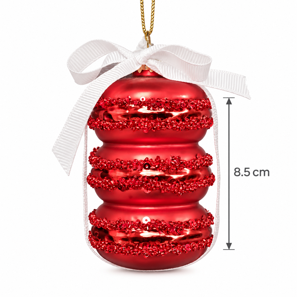 Red glass macaron Christmas ornament with white grosgrain bow and gold cord hanger, shown with an 8.5cm height measurement