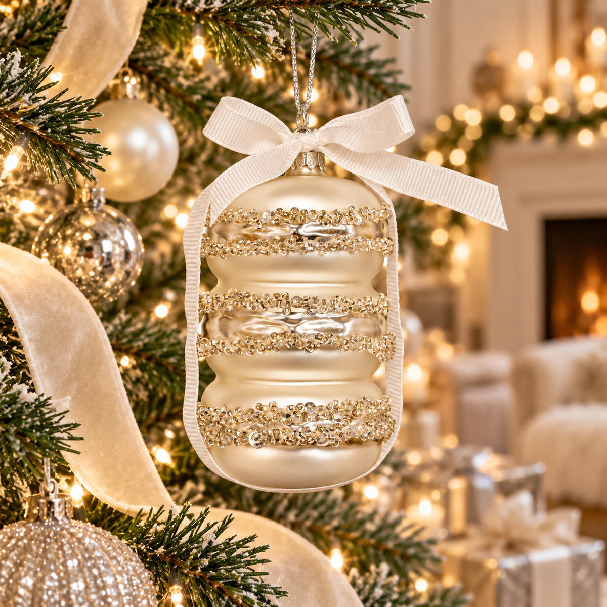Silver glass macaron stack ornament with beaded sequin trim and a cream ribbon bow hanging on a Christmas tree with cream velvet ribbon, pearl baubles and fairy lights