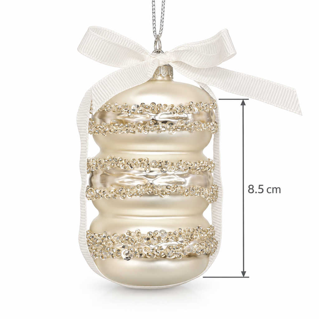 Silver glass macaron Christmas ornament with cream grosgrain bow and silver cord hanger, shown with an 8.5cm height measurement