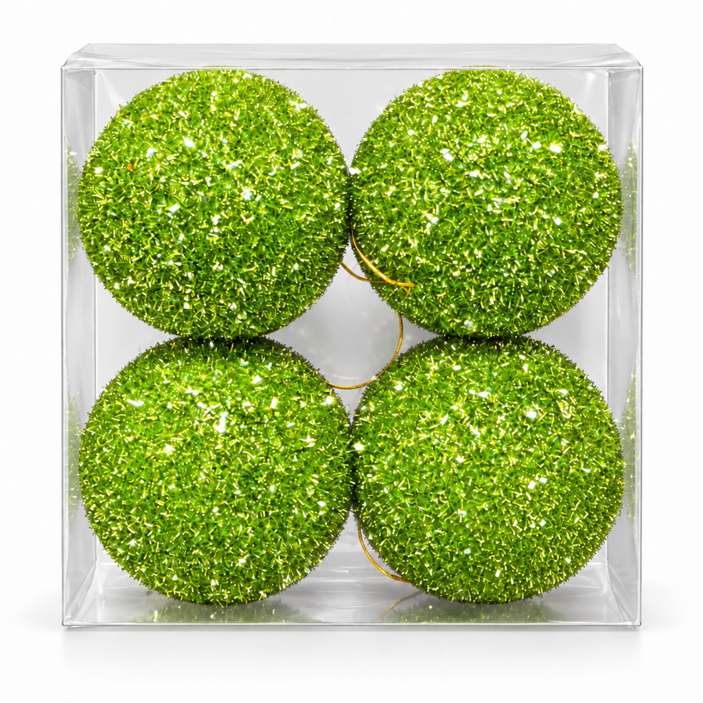 Pack of 4 lime green tinsel glitter Christmas baubles with gold hanging cords in a clear box