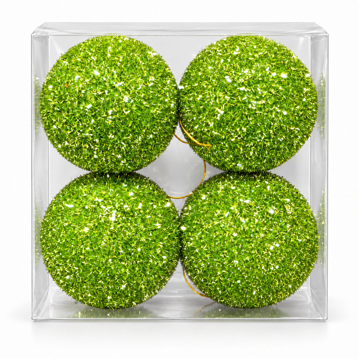 Pack of 4 lime green tinsel glitter Christmas baubles with gold hanging cords in a clear box