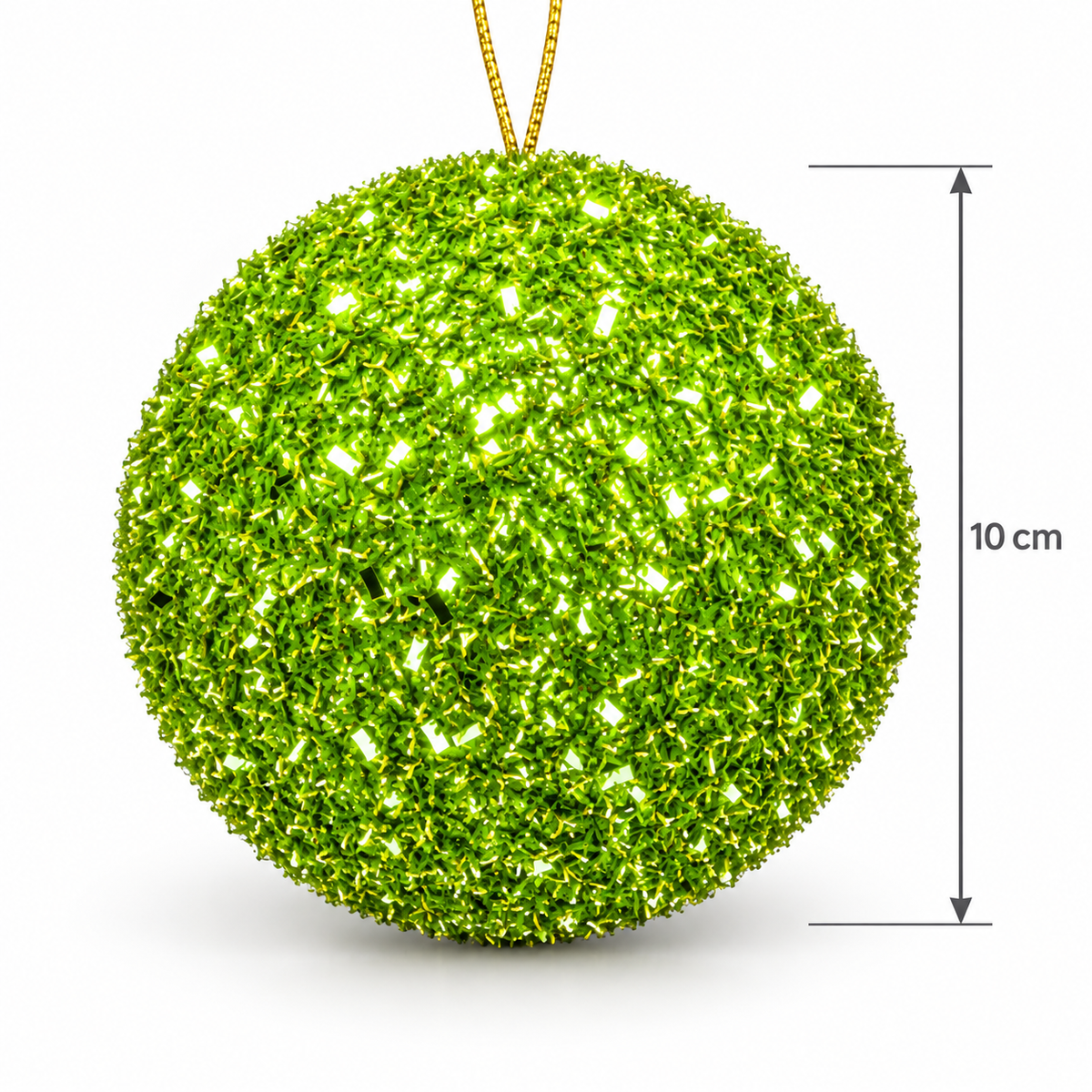 Single 10cm lime green sparkle tinsel Christmas bauble with gold cord hanger, shown with a size measurement