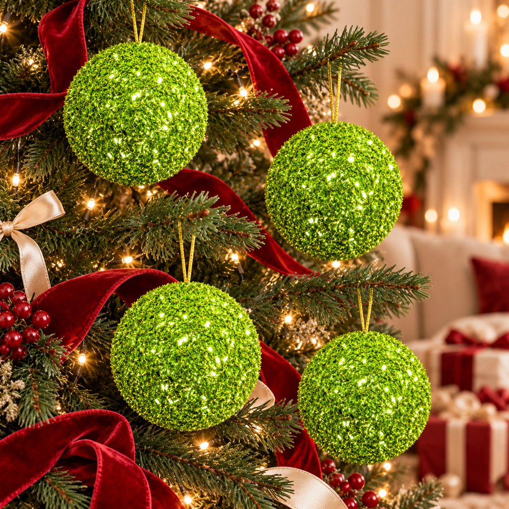Four lime green sparkle tinsel baubles with gold cord hangers hanging on a Christmas tree with red velvet ribbon, red berries and fairy lights