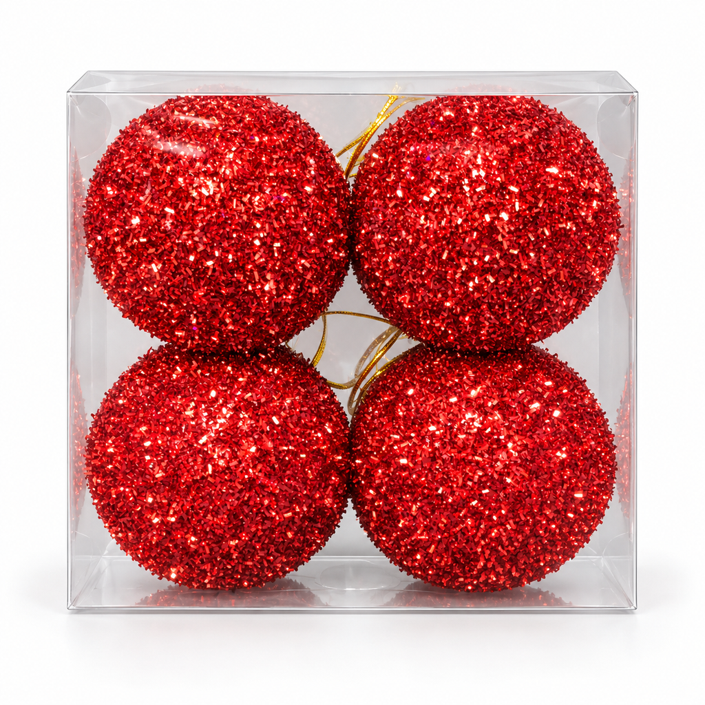 Pack of 4 red sparkle tinsel Christmas baubles with gold hanging cords in a clear box