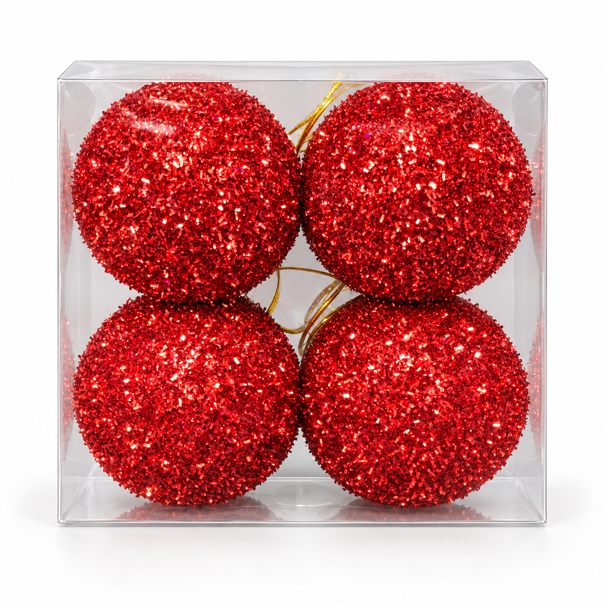 Pack of 4 red sparkle tinsel Christmas baubles with gold hanging cords in a clear box