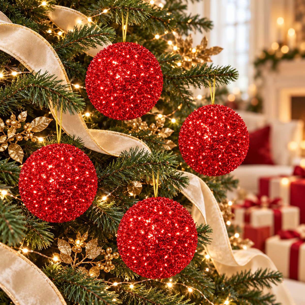 Four red sparkle tinsel baubles with gold cord hangers hanging on a Christmas tree with cream velvet ribbon, gold leaves and fairy lights