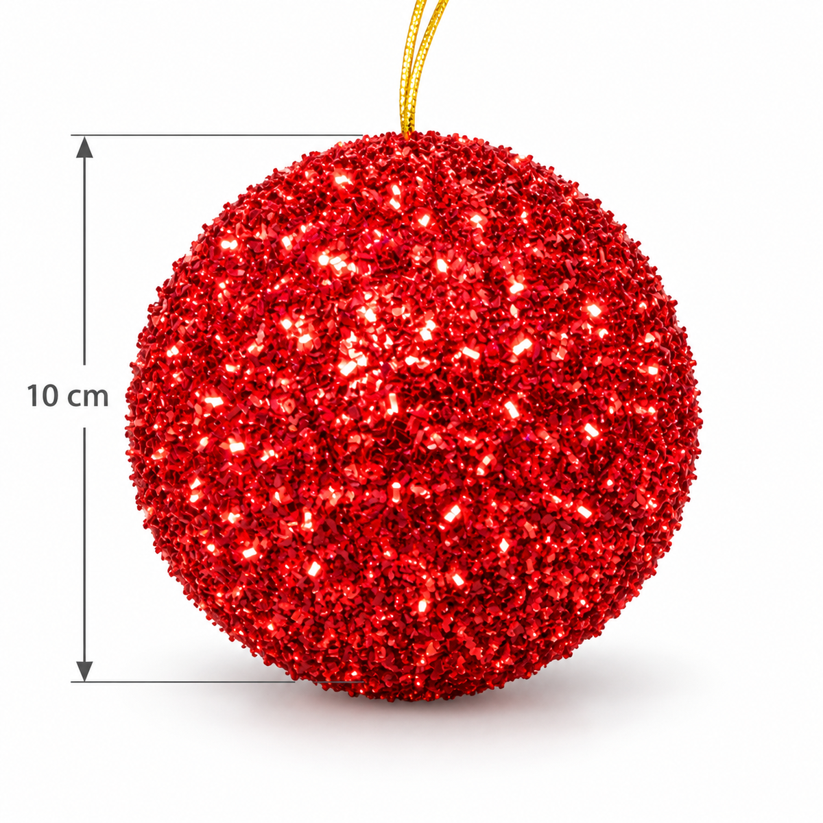 Single 10cm red glitter tinsel Christmas bauble with gold cord hanger, shown with a size measurement