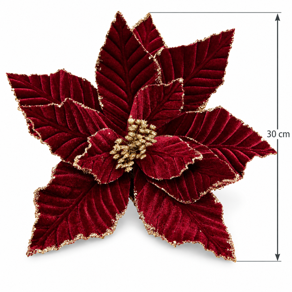 Burgundy velvet Christmas poinsettia with gold glitter petal edges and gold berry centre, shown with a 30cm size measurement