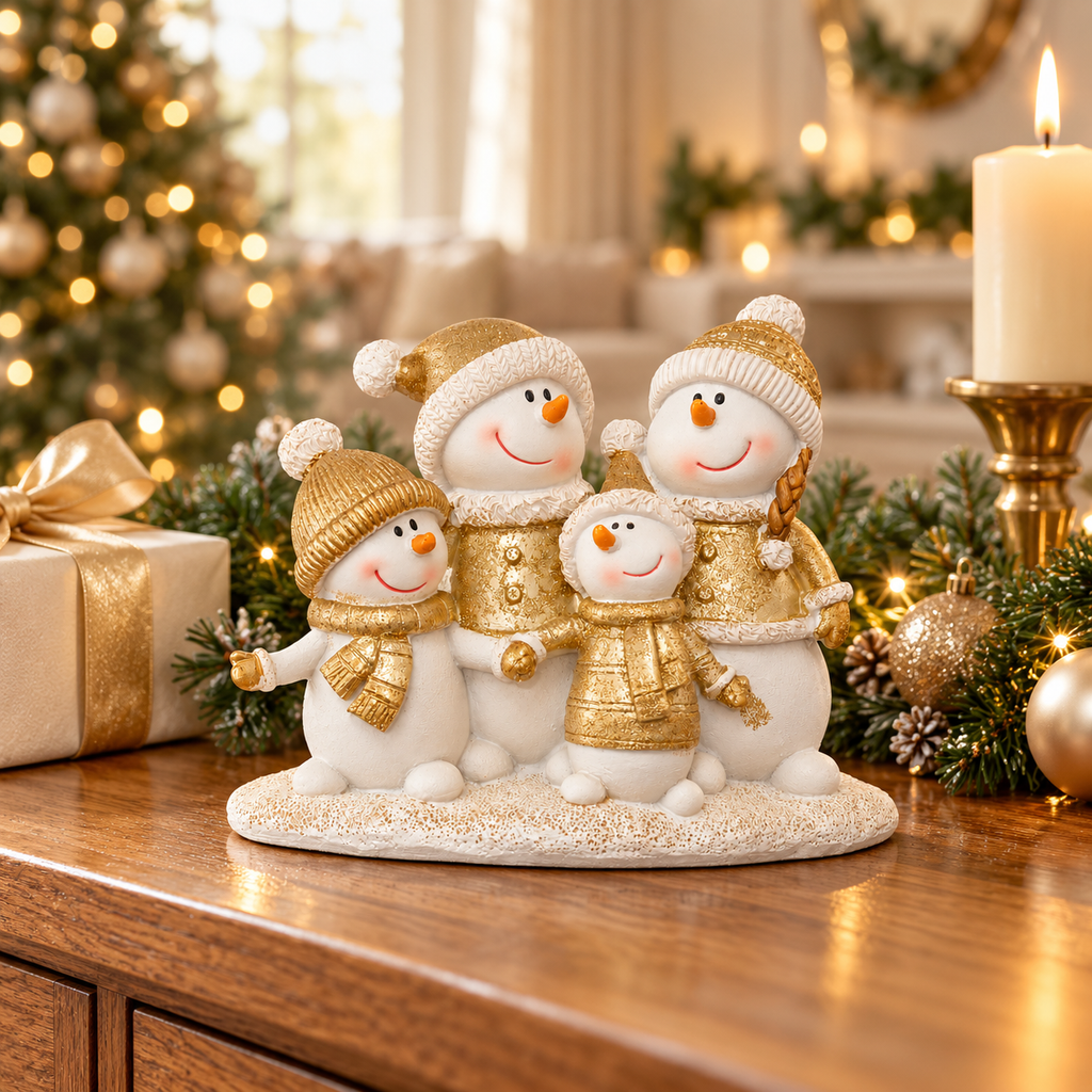 Gold and white snowman family figurine with four smiling snowmen in gold hats and scarves on a wooden sideboard beside a candle, wrapped gift and Christmas tree
