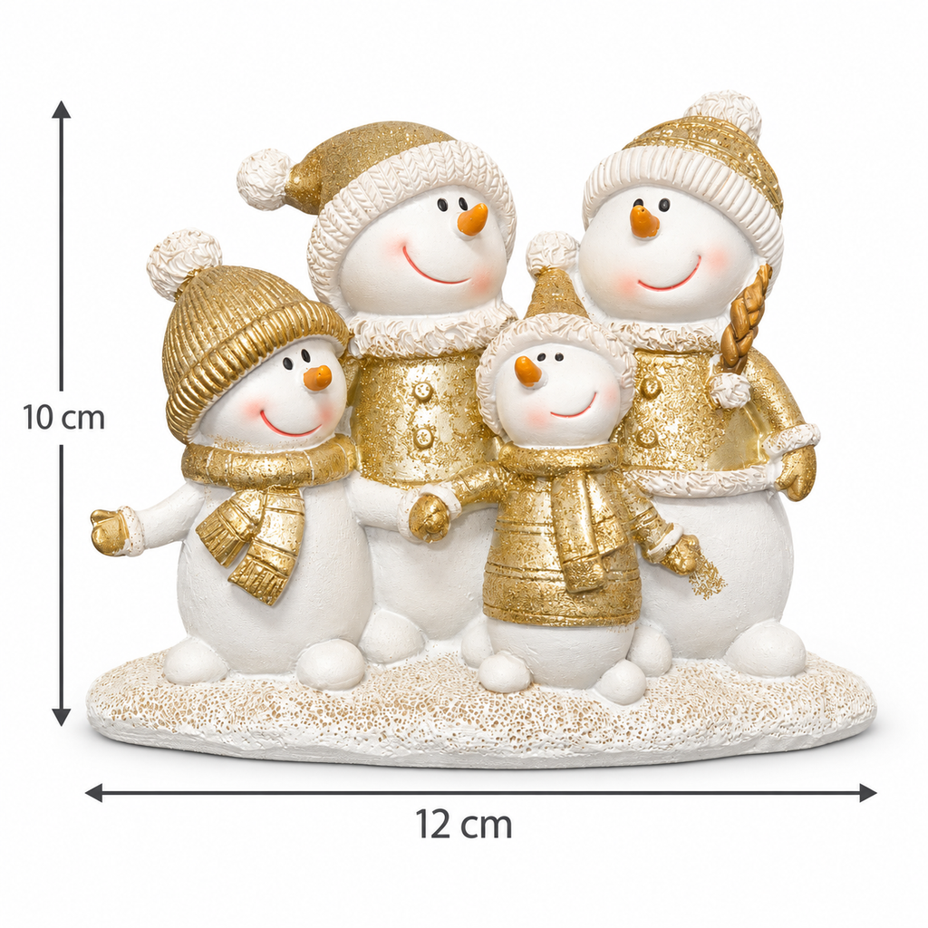 Snowman family Christmas figurine with four snowmen in gold knitted hats, scarves and jackets on a snowy base, shown with 12cm width and 10cm height measurements
