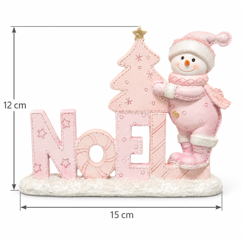 Pink snowman NOEL resin Christmas sign on a white background showing dimensions of 12cm high and 15cm wide, with a stitched-look tree, gold star and snowy base