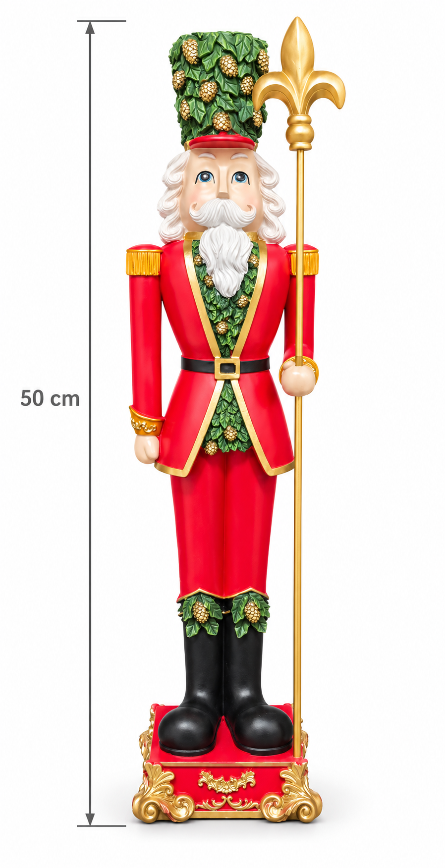 Nutcracker soldier with holly and pinecone hat, red jacket with gold trim and gold staff on a white background, showing a height of 50cm