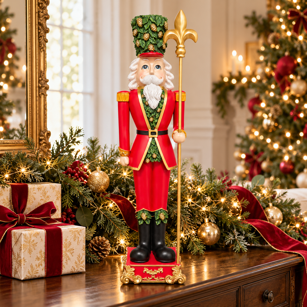 Red and gold nutcracker soldier figure holding a gold fleur-de-lis staff, styled on a timber sideboard with pine garland, fairy lights, gold baubles and a velvet ribbon beside a gold-framed mirror