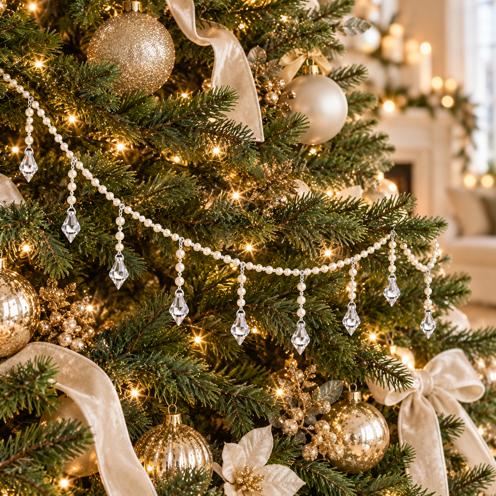 Cream pearl garland with hanging crystal-look drops draped across a Christmas tree, surrounded by gold baubles, champagne velvet ribbon, fairy lights and a cream poinsettia