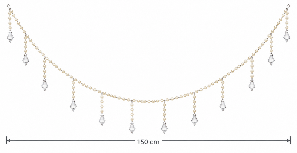 Pearl and crystal drop garland on a white background showing a length of 150cm, with 12 pearl strands each ending in a faceted clear drop and a hanging loop at each end