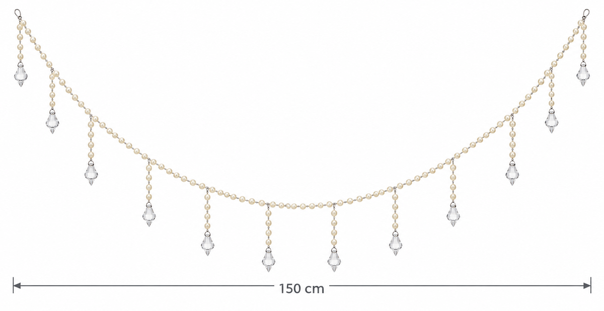 Pearl and crystal drop garland on a white background showing a length of 150cm, with 12 pearl strands each ending in a faceted clear drop and a hanging loop at each end