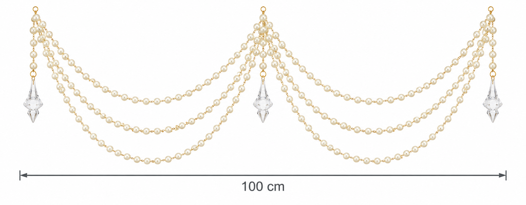 Triple tier pearl swag on a white background showing a width of 100cm, with three layered rows of cream pearls, gold hanging loops and three clear crystal-look drops