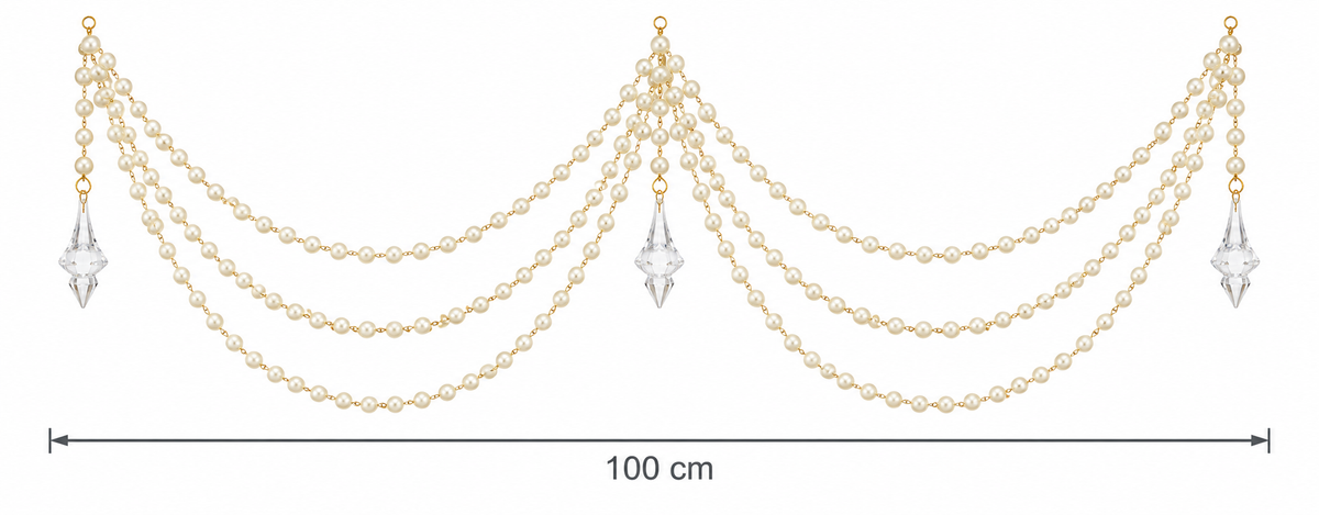 Triple tier pearl swag on a white background showing a width of 100cm, with three layered rows of cream pearls, gold hanging loops and three clear crystal-look drops