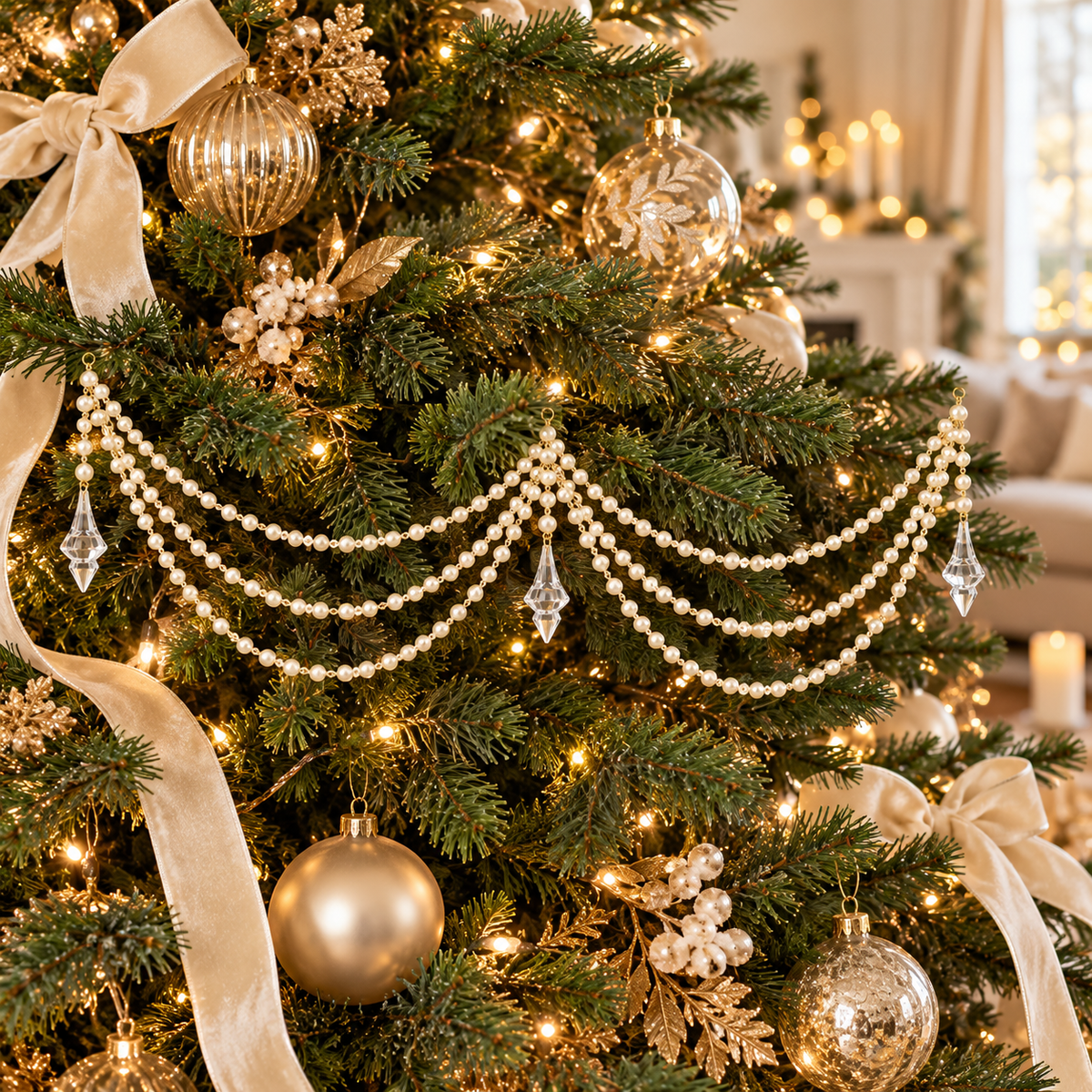 Triple tier cream pearl swag with crystal-look drops hanging across a Christmas tree, surrounded by gold baubles, champagne velvet ribbon, gold leaf sprigs and warm fairy lights