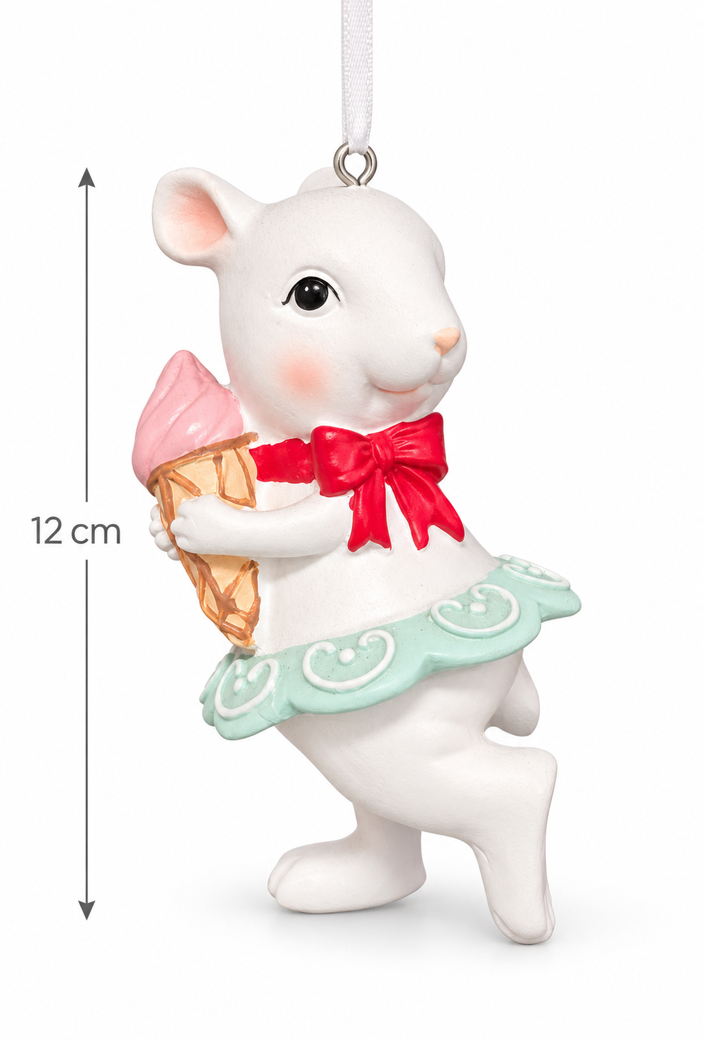 White mouse Christmas ornament with red bow, mint scalloped skirt and pink soft serve cone on a white background, showing a height of 12cm with a white ribbon hanging loop