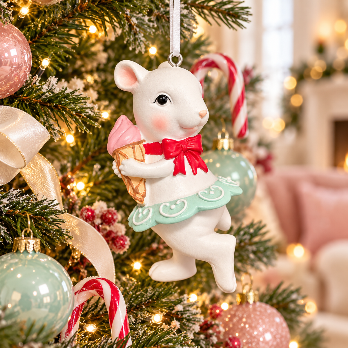 White resin mouse ornament holding a pink ice cream cone, with a red bow and mint icing-trim skirt, hanging on a frosted Christmas tree beside pink and mint baubles and candy canes