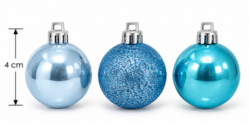 Three 4cm Christmas baubles side by side showing ice blue gloss, cobalt glitter, and teal gloss finishes with size comparison