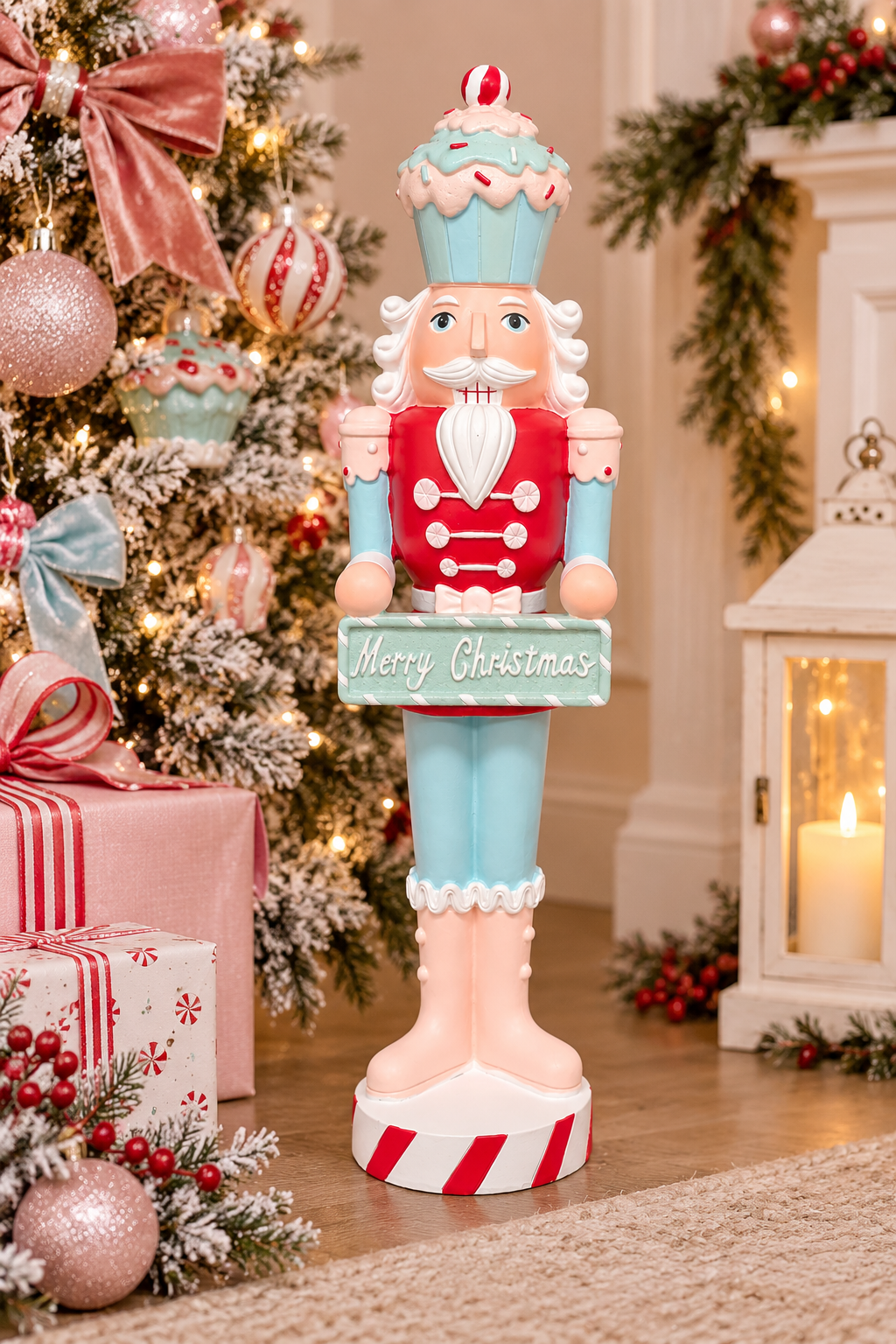 Pastel cupcake Christmas nutcracker displayed beside a flocked Christmas tree with pink and red baubles, holding a mint "Merry Christmas" sign, styled with wrapped gifts and a white lantern
