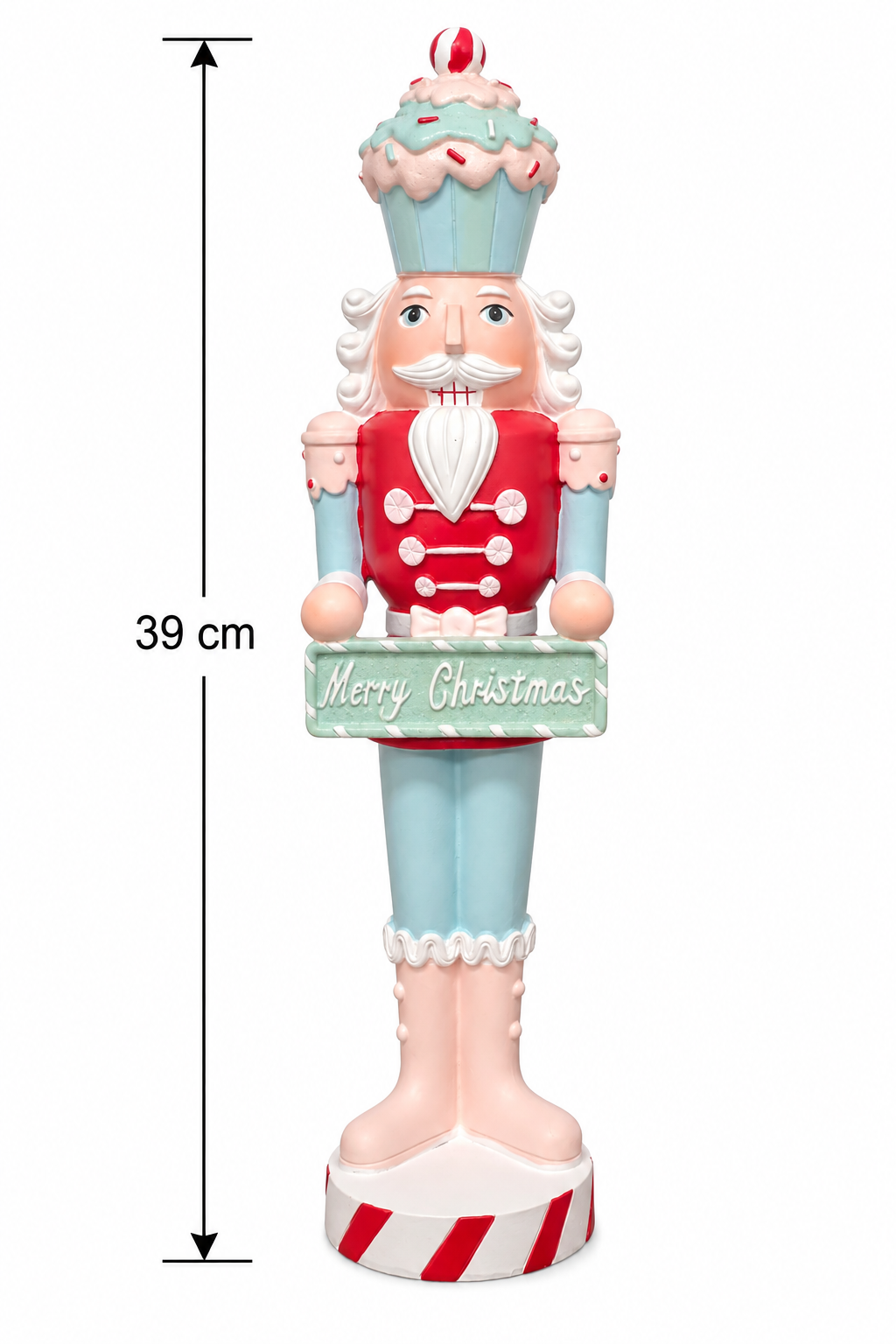 Pastel cupcake Christmas nutcracker on a white background showing full height of 39cm, front view of the cupcake hat, Merry Christmas sign and candy-cane striped base