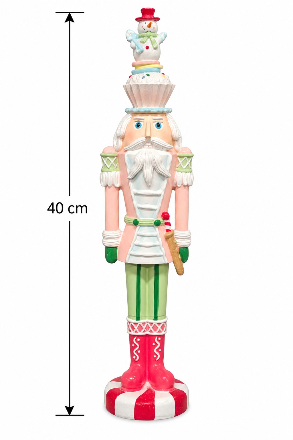 Snowman cupcake Christmas nutcracker on a white background showing full height of 40cm, front view of the cupcake hat with snowman topper and candy-cane striped base