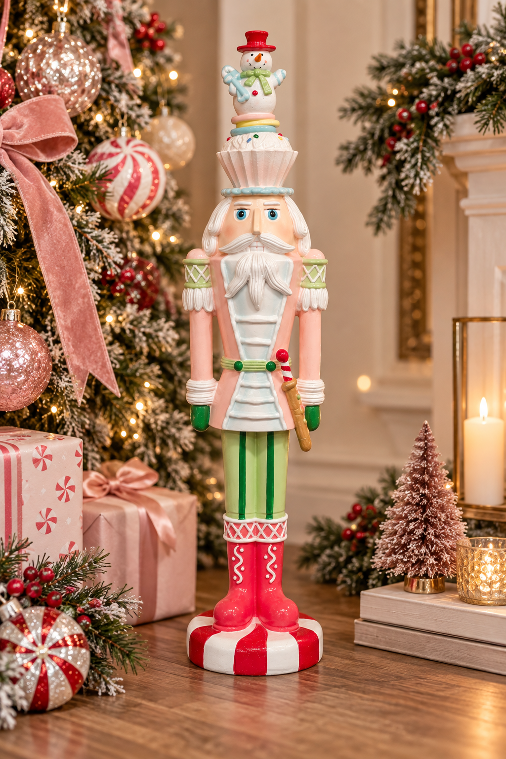 Snowman cupcake Christmas nutcracker displayed beside a Christmas tree with pink baubles and velvet ribbon, holding a candy cane, styled with wrapped gifts, a mini flocked tree and a lit candle