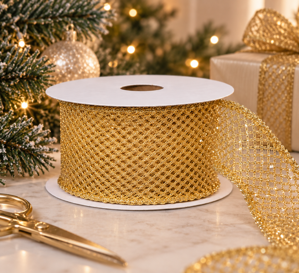 Gold wired mesh Christmas ribbon spool on a marble surface beside a flocked Christmas tree and wrapped gold gifts, with a pair of gold scissors alongside