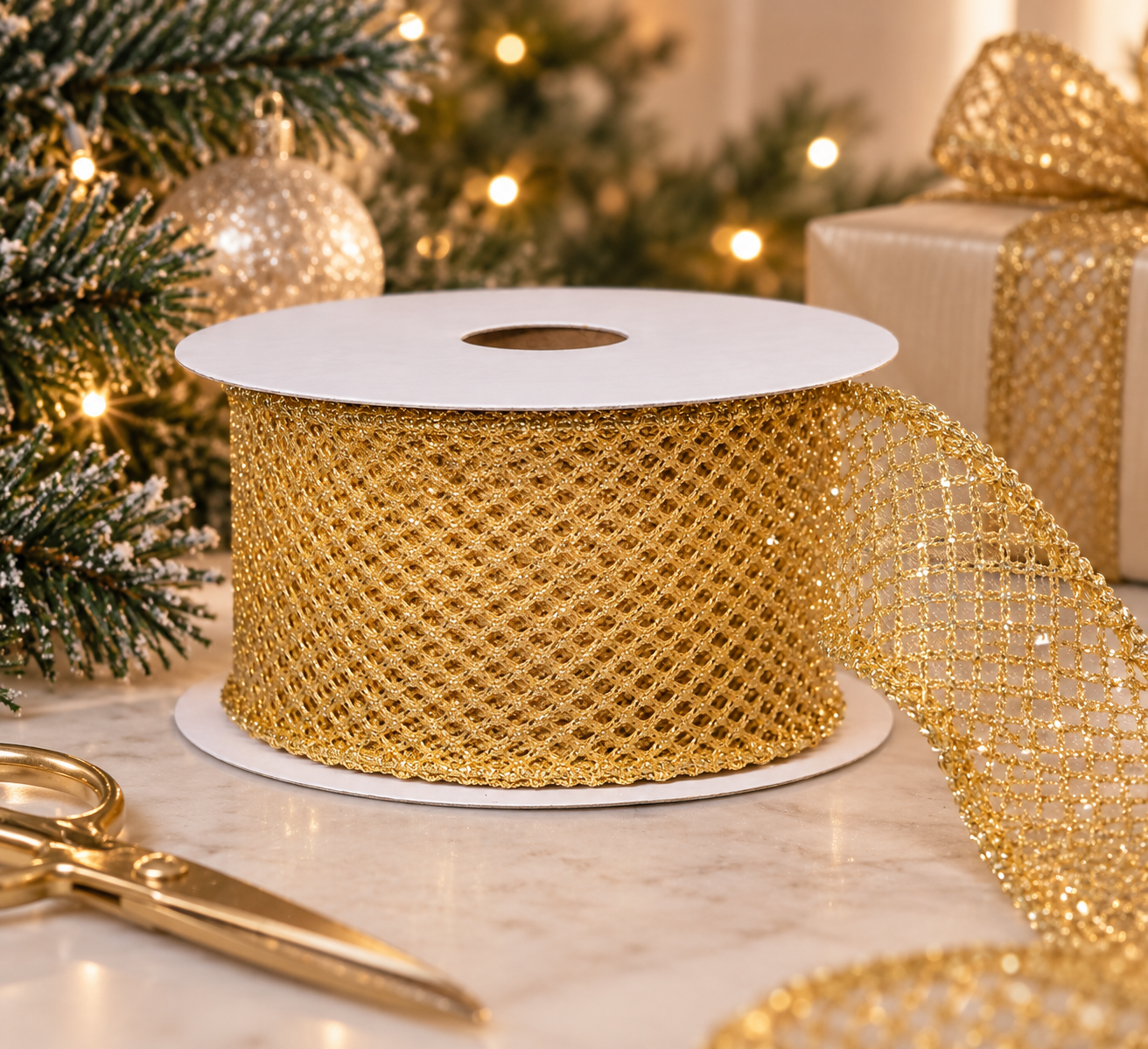Gold wired mesh Christmas ribbon spool on a marble surface beside a flocked Christmas tree and wrapped gold gifts, with a pair of gold scissors alongside
