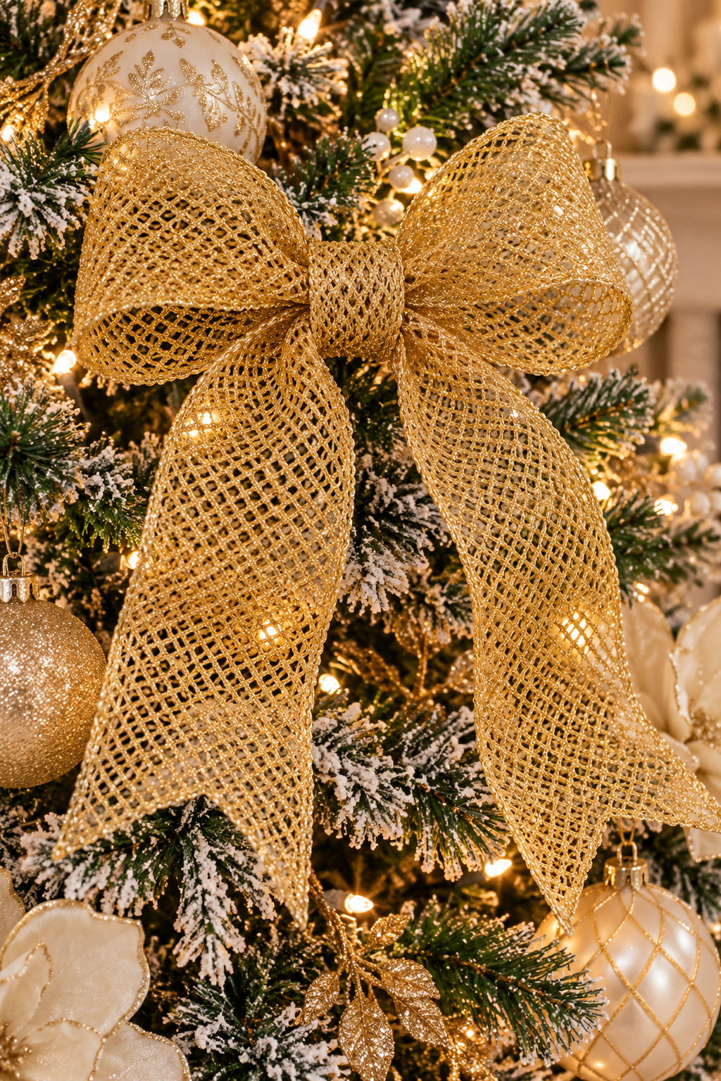 Gold wired mesh Christmas ribbon tied into a full bow and hung on a flocked Christmas tree among cream and gold baubles
